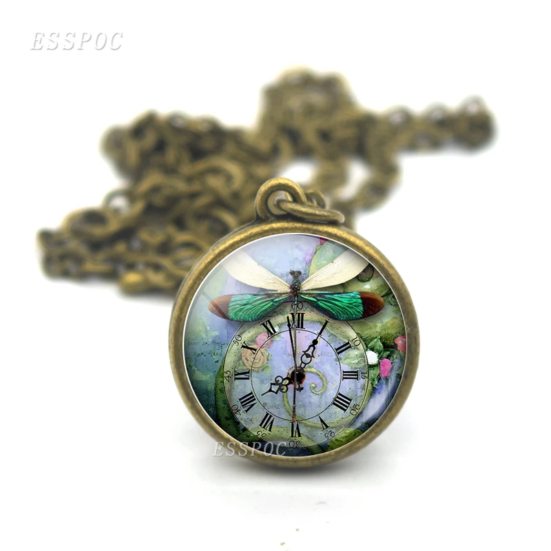 Часы в стиле стимпанк со стрекозой искусство фото стеклянный купол ожерелье