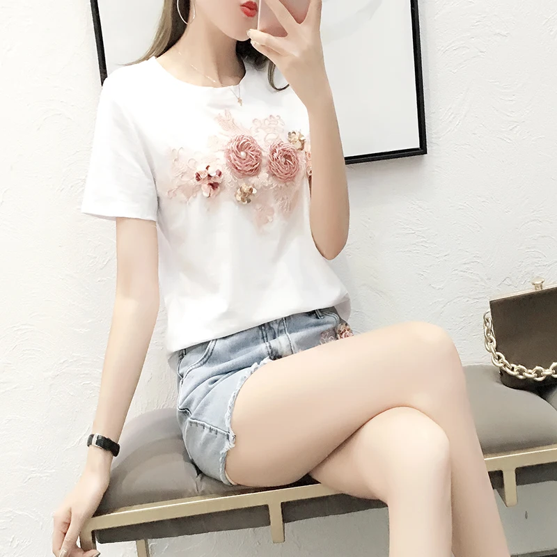 5XL большой размеры для женщин 3D с цветочной вышивкой хлопковые футболки джинсы