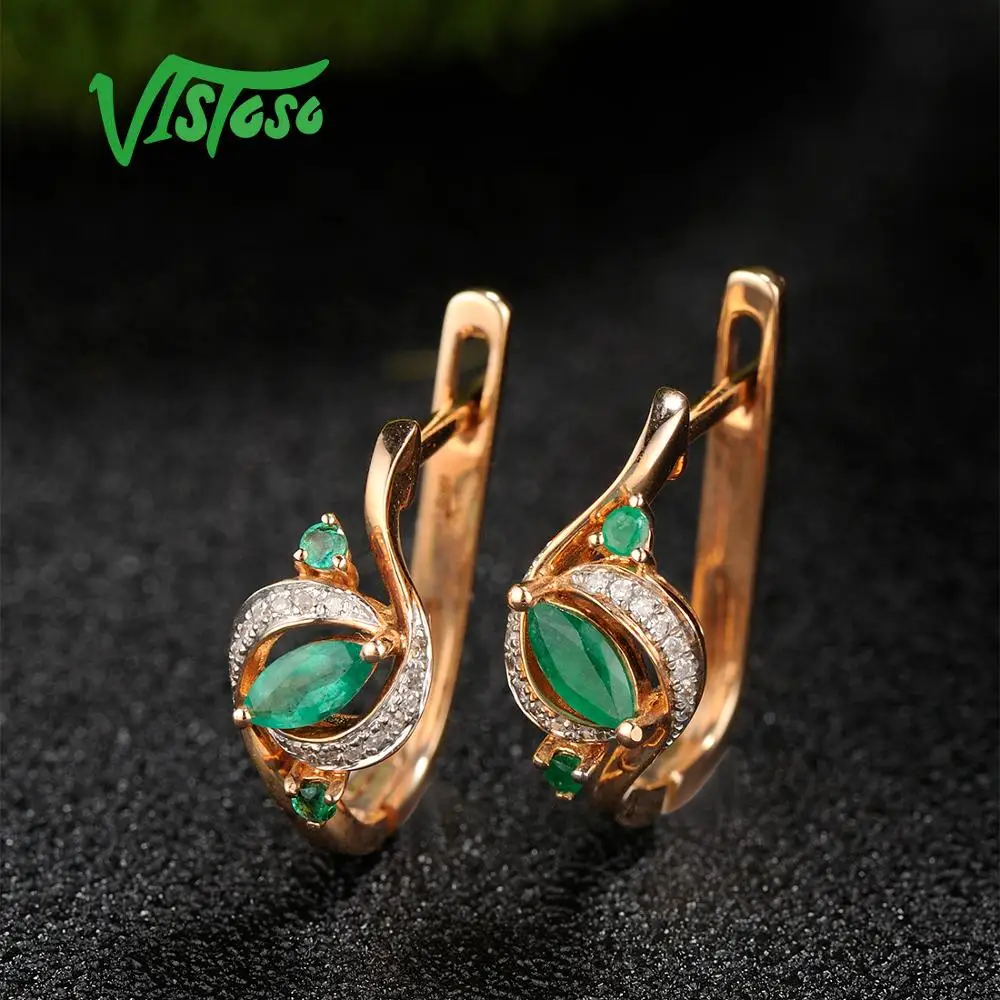 Женские золотые серьги с изумрудом VISTOSO розовое золото 14 к 585 пробы гламурные