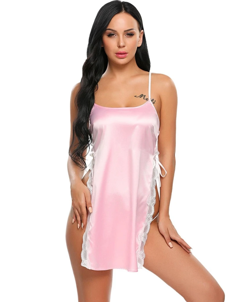 Лето 2019 женское сексуальное атласное белье Ночная рубашка с разрезом без рукавов