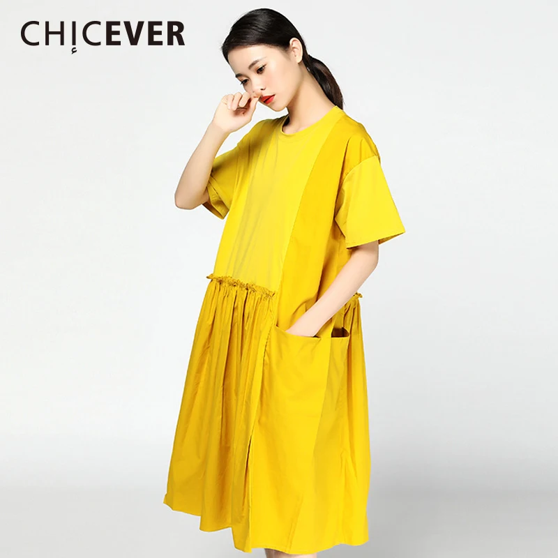 Женское платье CHICEVER Повседневное A Line с коротким рукавом и большими карманами