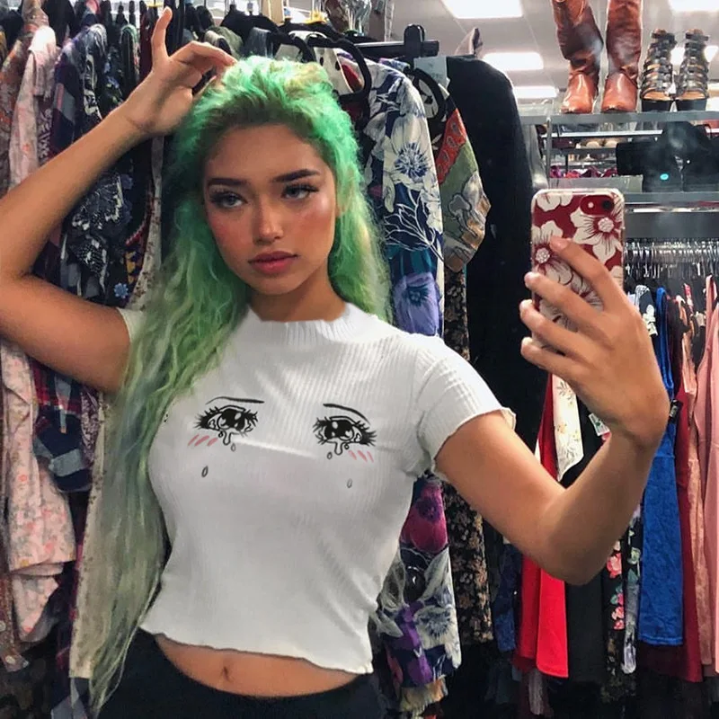 Женские укороченные топы Harajuku с вышивкой в виде милых глаз круглым вырезом и