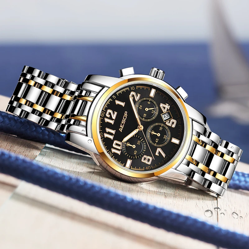 AESOP спортивные мужские часы кварцевые наручные нержавеющая сталь ремешок