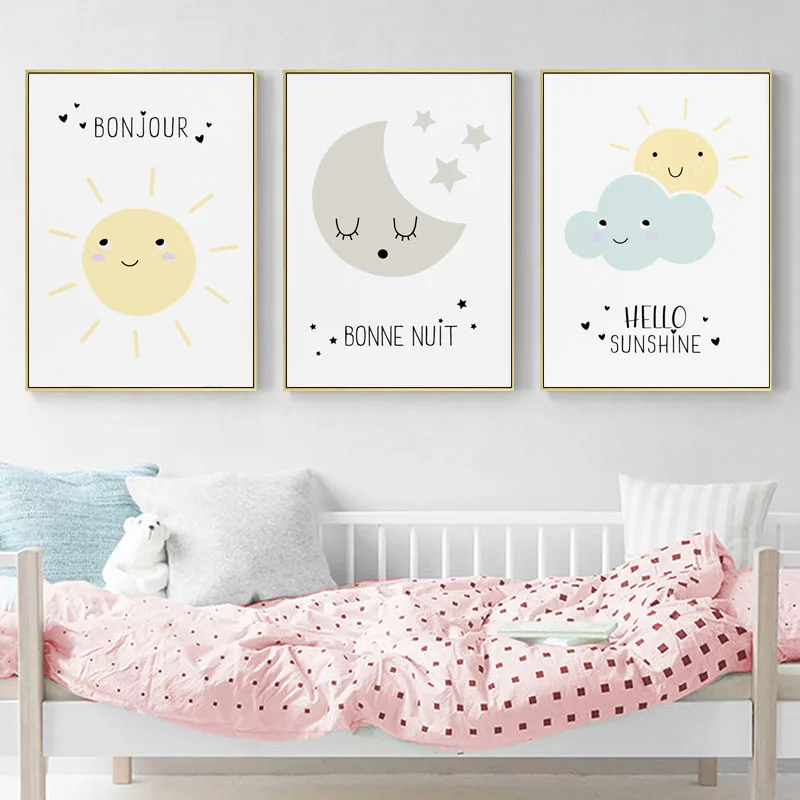 Bonne Nuit печать детской стены художественный холст постер Мультфильм Привет солнце
