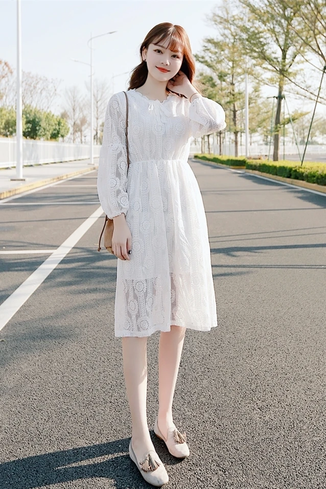 Vintage Lace Dress Long Sleeve Sexy V-neck Elastic Waist A-Line Party Dresses Elegant Women Vestidos Robe Femme | Женская одежда