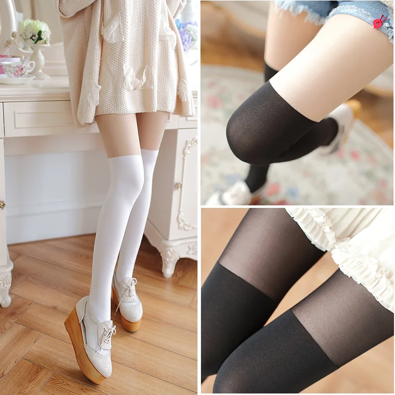 

Japanese Girl patchwork black tights Velvet white striped Stockings Fake Thigh Anti-Hook Pantyhose for women