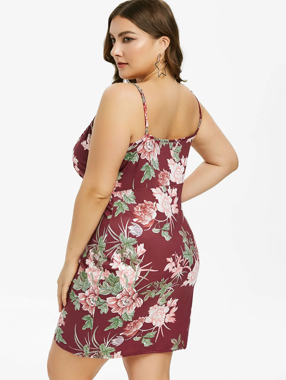 Wipalo Women Plus Size Floral Print Mini Bodycon Dress Sexy Plunging Neck Spaghetti Strap Split Sundress Casual Summer Vestidos|Женские