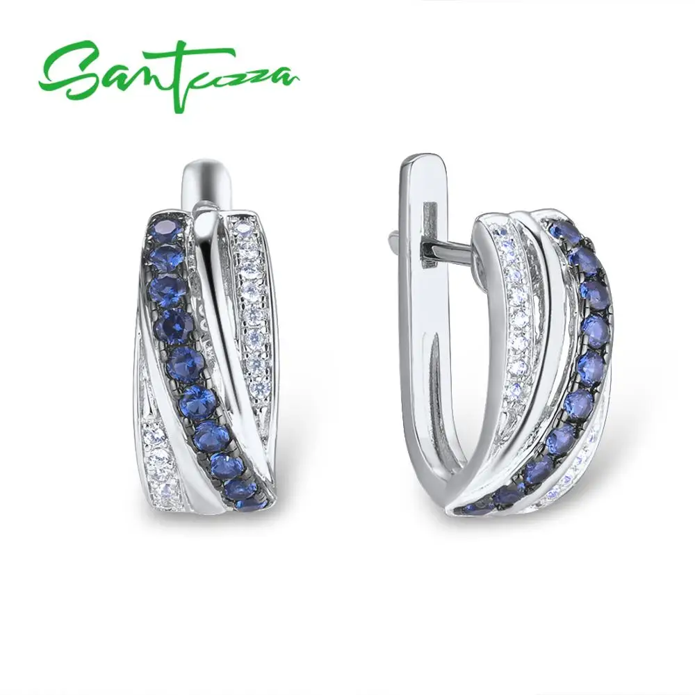 Фото SANTUZZA Silver Earrings For Women 925 Sterling Silver Stud Earrings Blue Nano Cubic Zirconia brincos Elegant Fashion Jewelry №1