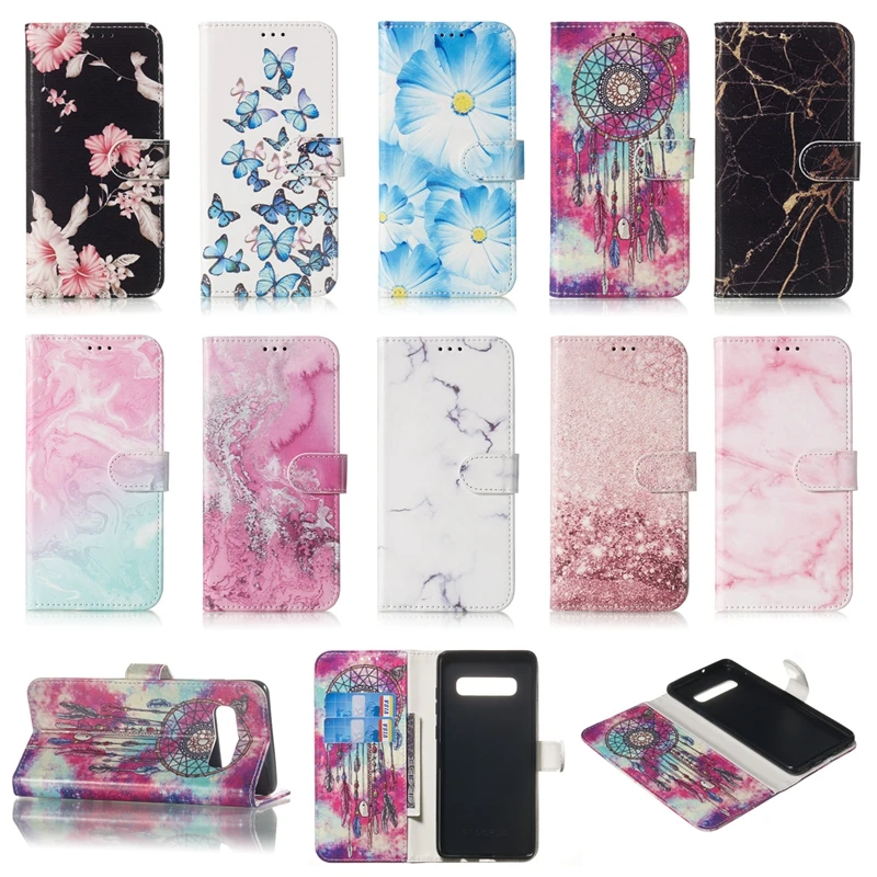 Marble Leather Wallet Case For Huawei P30 Pro Samsung S10 S10e J4 J6 plus A7 A9 2018 Honor 10 Lite Stone Flower Butterfly 1pcs |