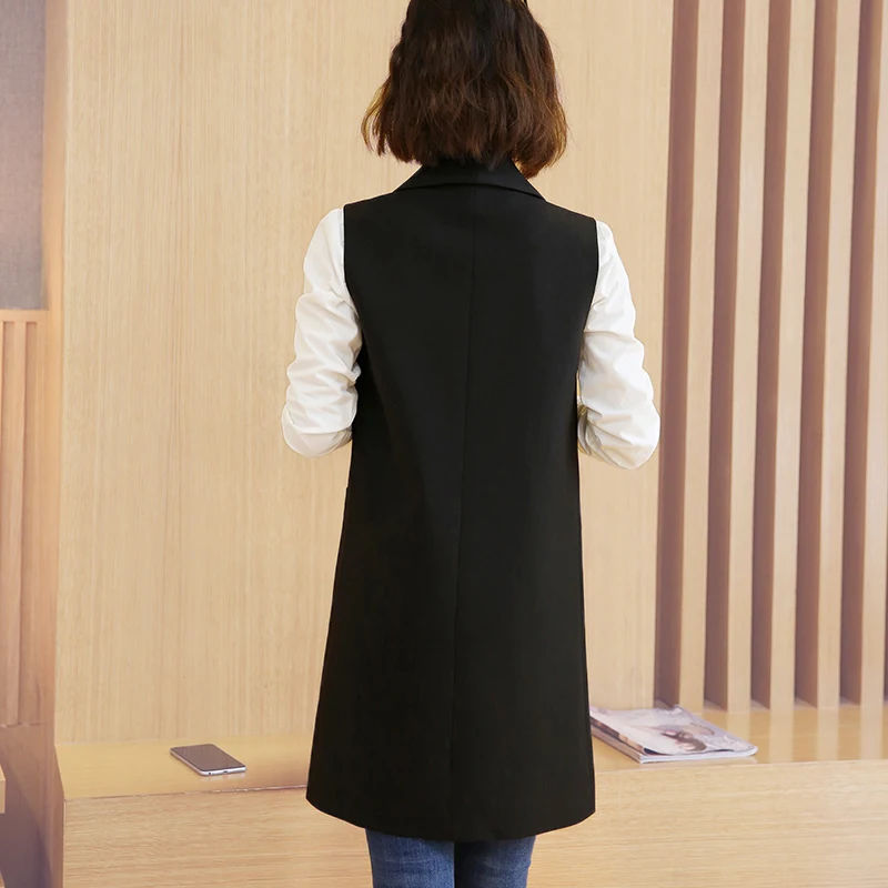 Офисная Женская Черная Повседневная Длинная жилетка женский элегантный жилет