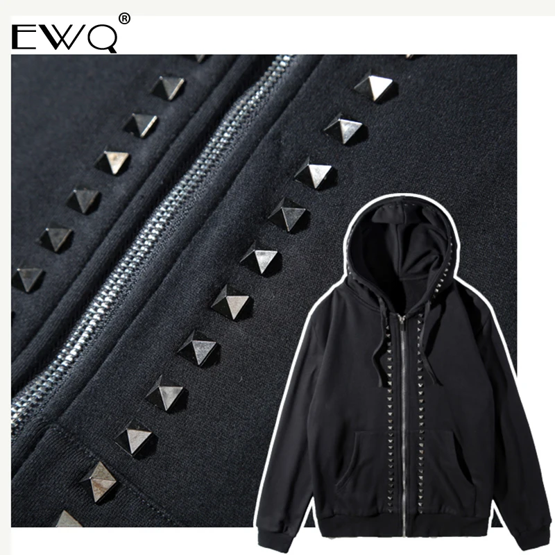 EWQ модные черные толстовки мужские 2019 весна осень молния металлические заклепки