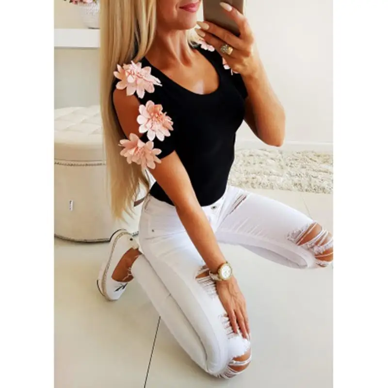 Женская летняя обувь с короткими рукавами и круглым вырезом Blusas цветок