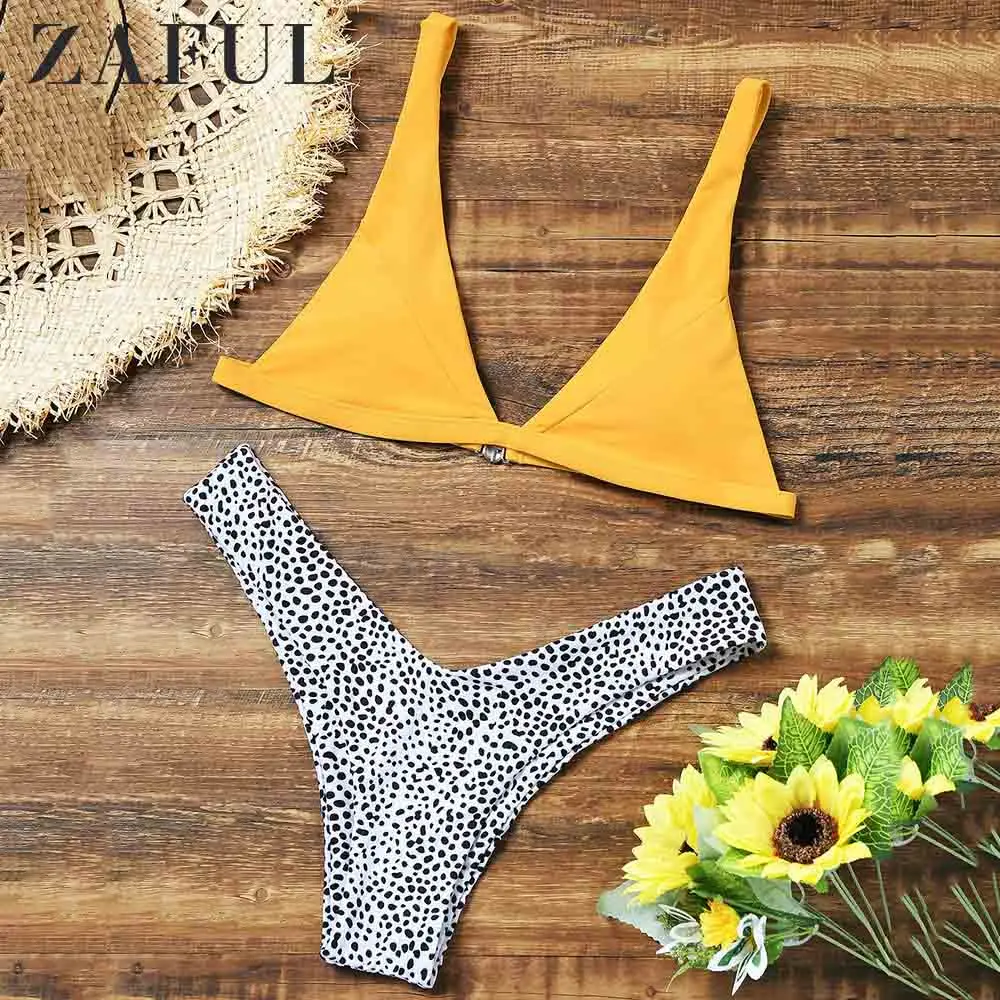 ZAFUL High Cut Leopard Bikini Set Wire Free Elastic Straps Padded Bra Swim Suit Pull UP Beach Sexy Swimwear 2019 Mini Sets | Женская