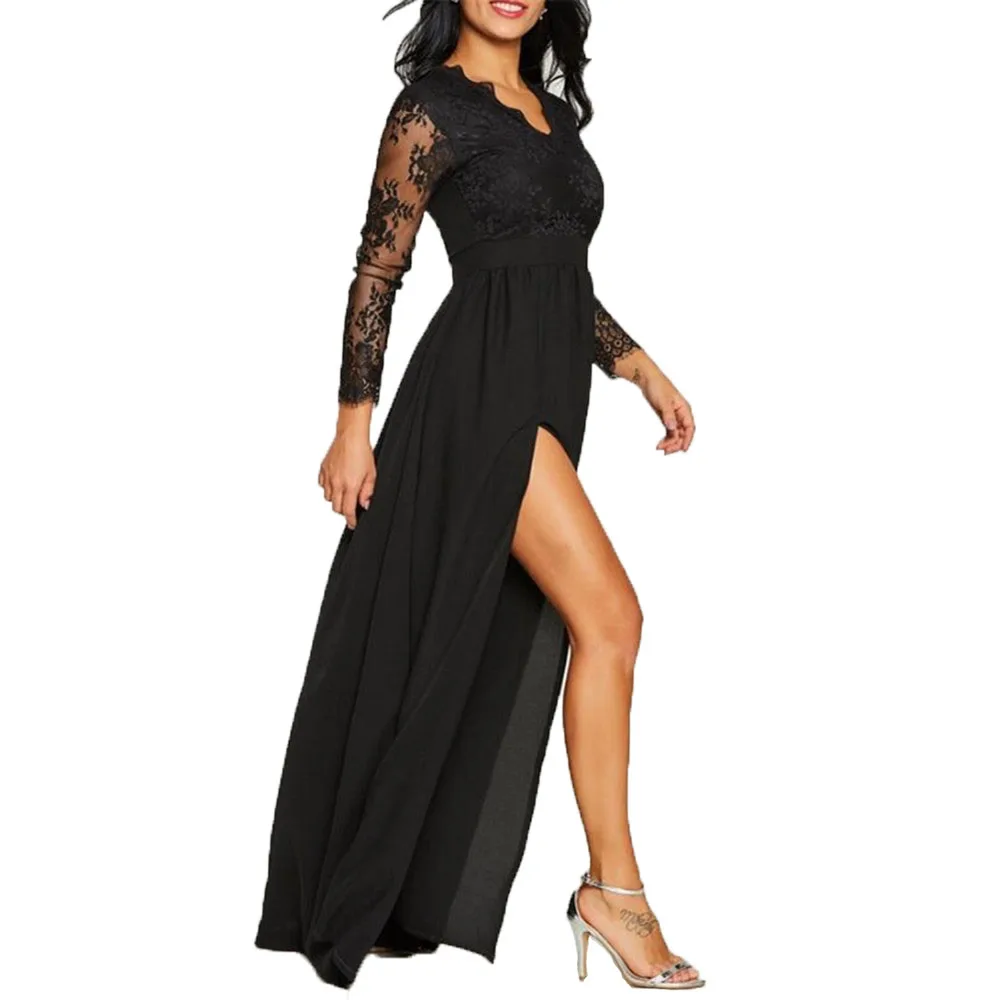 Women Lace Evening Party Prom Gown Ladies Formal Empire Waist Long Dress Solid V-Neck Sleeve Floor-Length Maxi Dresses Sexy | Женская
