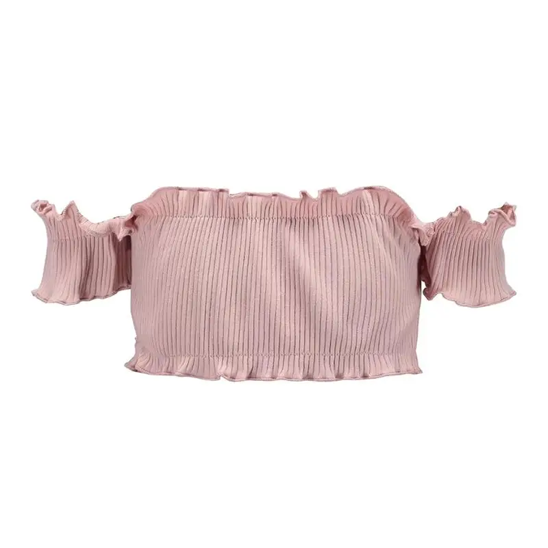Sexy Off Shoulder Ruffles Knitted Crop Short Tops For Women Sleeved t-Shirts Girls Summerwear Cool Candy Color | Женская одежда