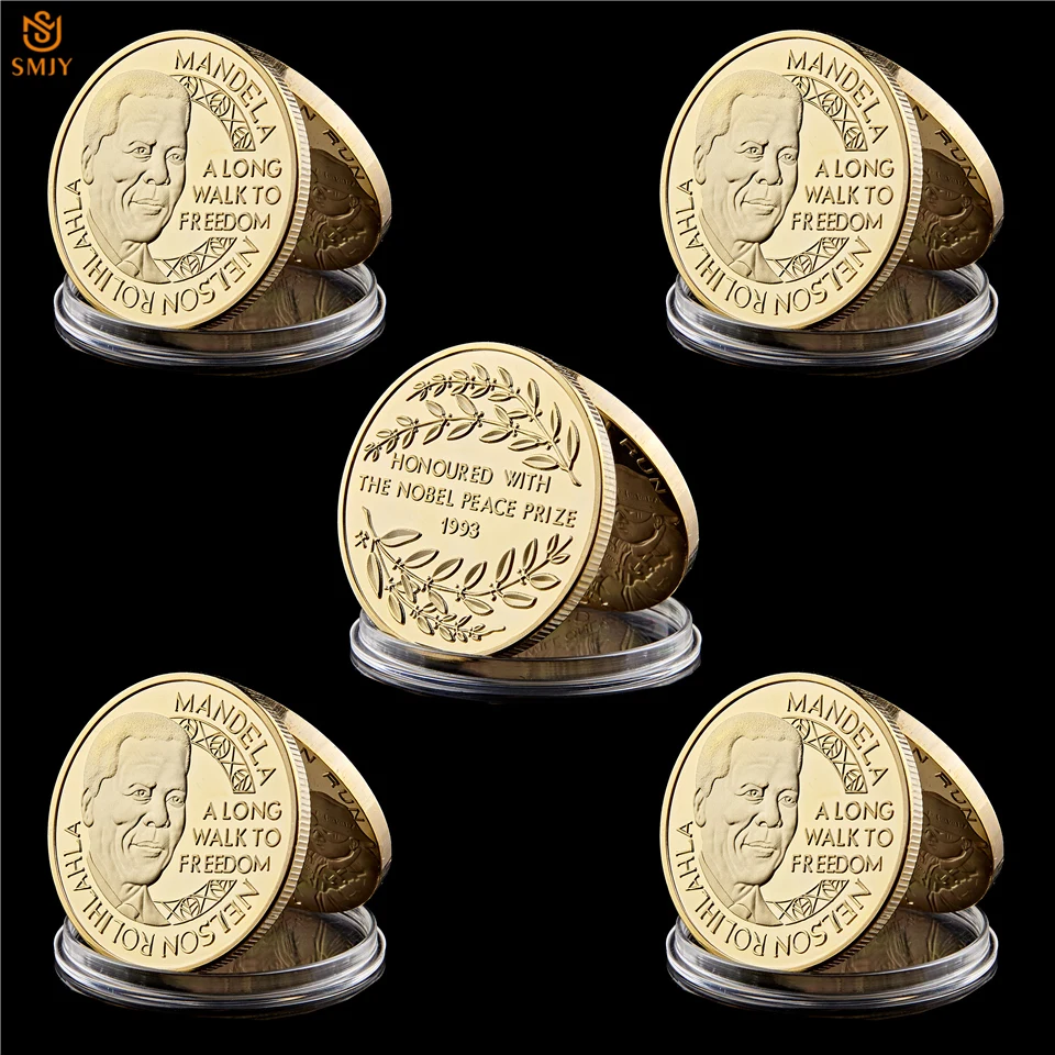 

5Pcs Freedom South African President Nelson Mandela Won The 1993 Nobel Peace Prize Gold Plated Commemorative Coin Collection