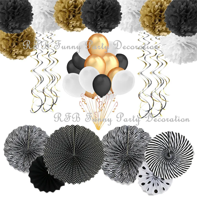 

Graduation Party Supplies Centerpiece Black and Gold Tissue Pom Poms Hanging Swirl Decor Paper Fans Birthday Party Decorations