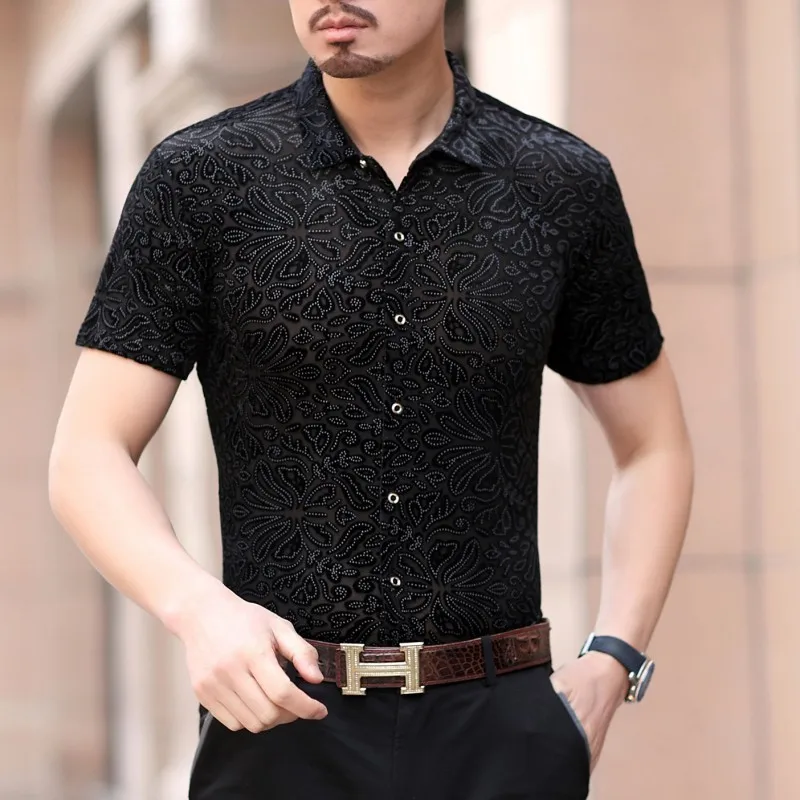 2019 Fashion Streetwear Shirt Short Sleeve Camisa Hombre Velvet Hawaiian Man Transparent Camicia Uomo Social | Мужская одежда