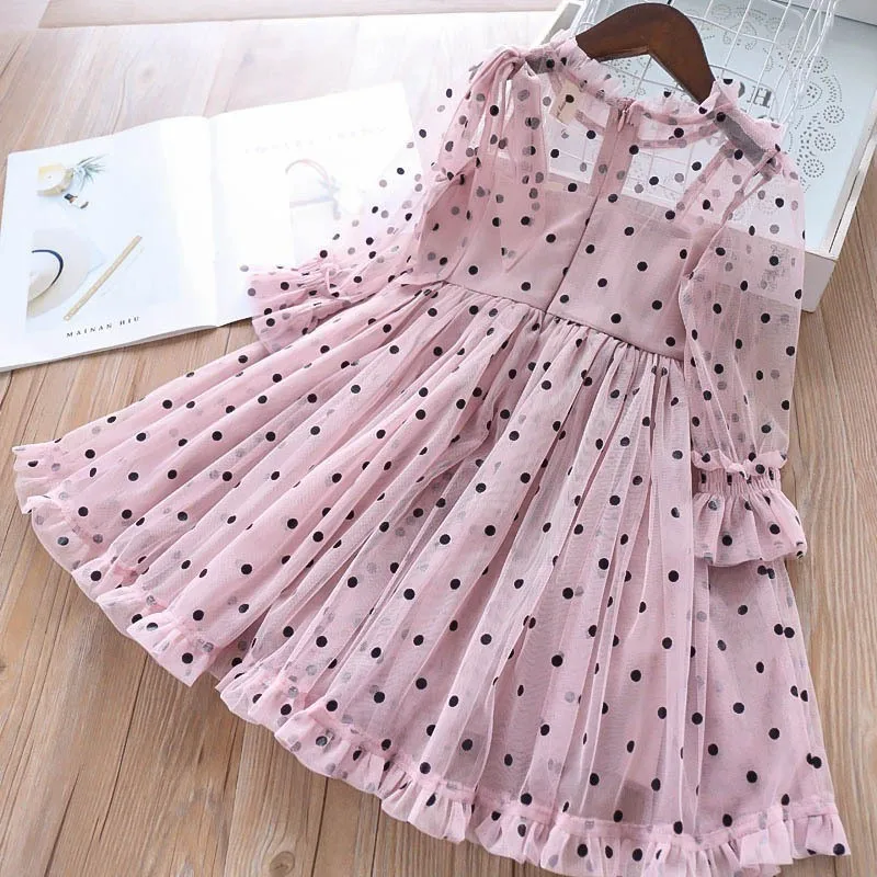 girls tulle dress vintage long sleeve Dot ruffles birthday princess kids dresses for girl's clothing boutiques children frock | Детская