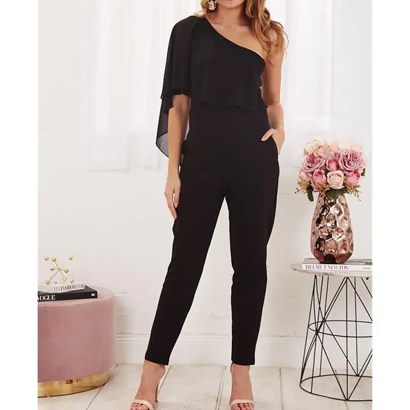 Женский офисный комбинезон с открытыми плечами элегантный однотонный широкими