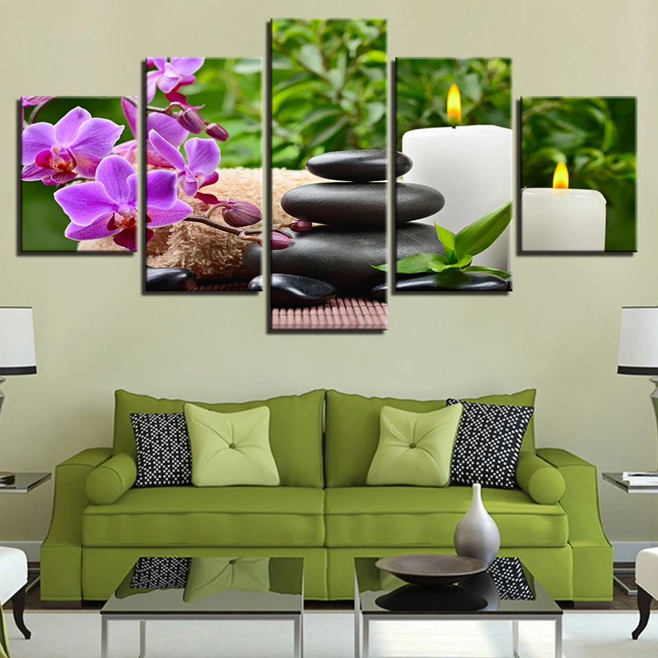 Canvas HD Prints Poster Home Decor 5 Pieces Butterfly Orchid Pebbles Candle Paintings Stones Flower Picture Living Room Wall Art | Дом и сад