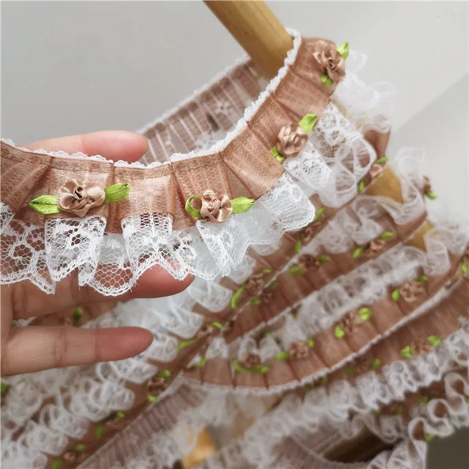 Роскошная кофейная плиссированная шифоновая кружевная ткань с 3D эффектом 5 см |