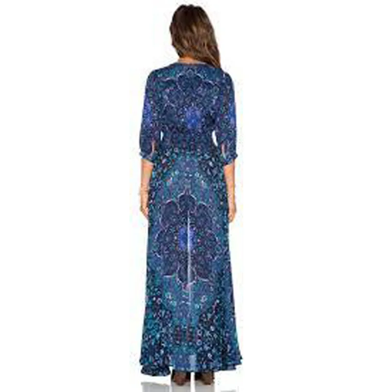 Женское богемное платье-макси с V-образным вырезом и средним рукавом | Женская