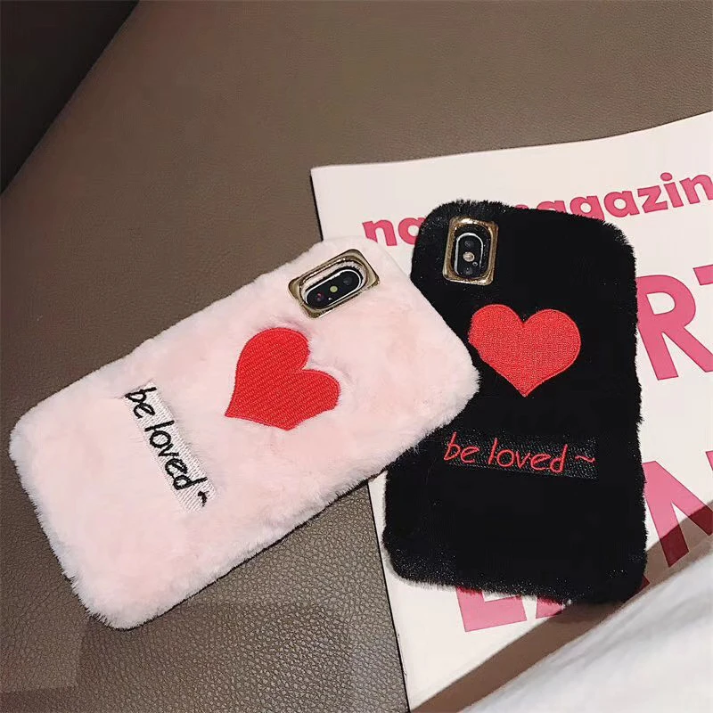 Plush Mobile Phone Case For IphoneX XR Xs MAX Fashion Love Embroidery Fur 6 7 8plus Soft Shellphone | Мобильные телефоны и