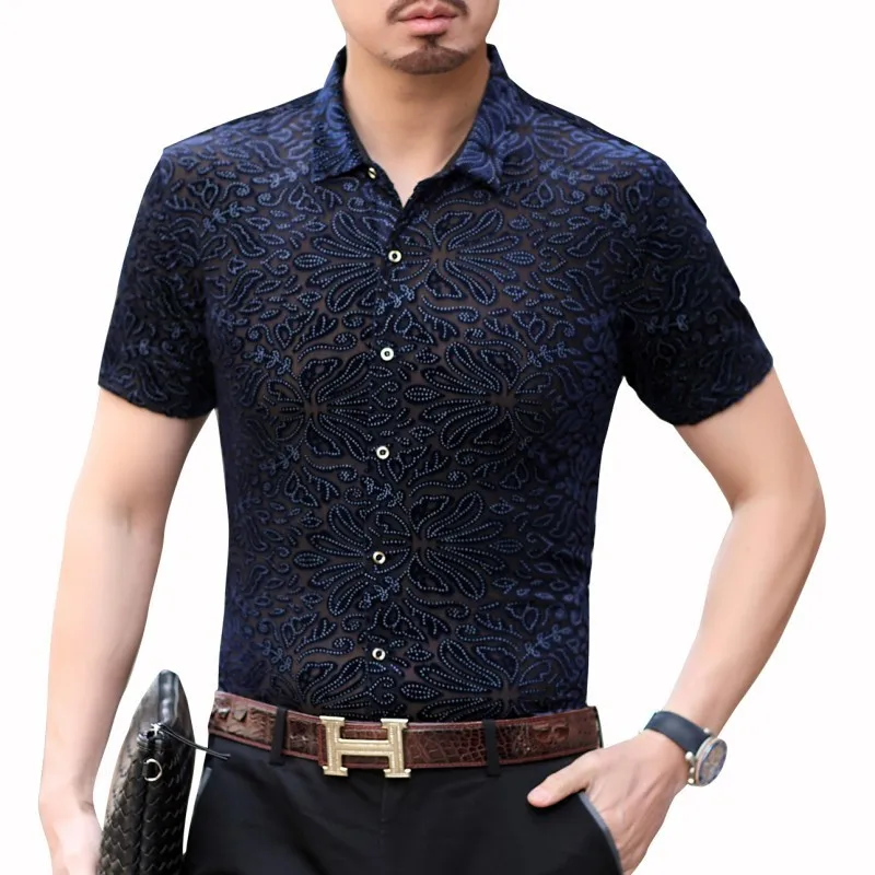 2019 Fashion Streetwear Shirt Short Sleeve Camisa Hombre Velvet Hawaiian Man Transparent Camicia Uomo Social | Мужская одежда