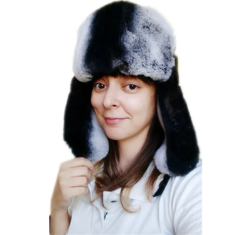 women's winter fur hats ear flaps trapper snow hat russian natural fur hat of rex rabbit fur genuine sheepskin leather hat H214