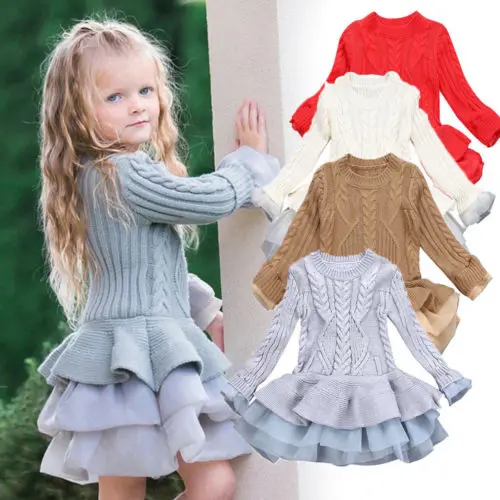 Pudcoco Xmas Girl Knitted Sweater Dress Toddler Baby Winter Pullover Crochet Top Clothes Long Sleeve Princess Tutu | Детская одежда и