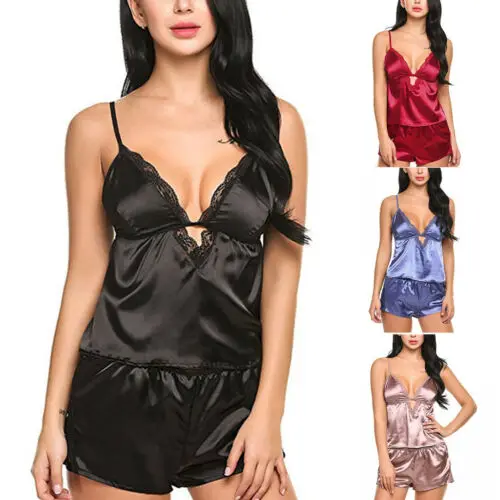 

2019 Brand New Women Satin Lace Sexy Mesh Erotic Sleepwear Solid Babydoll Lingerie Nightwear Shorts Pjs 2Pcs Pyjamas Set