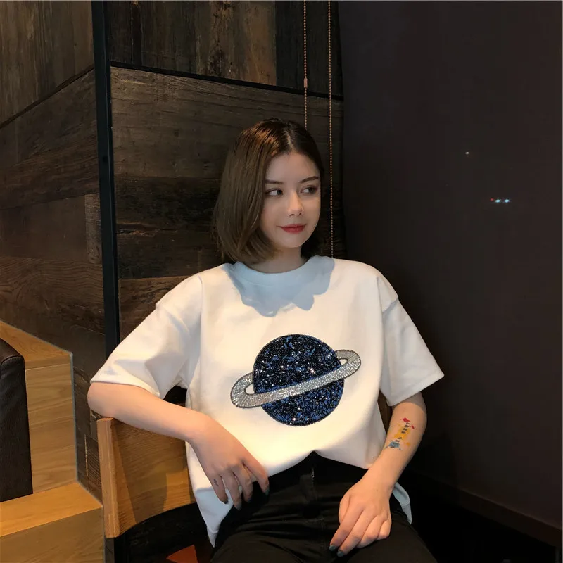Женская футболка с блестками Harajuku Planet белая и черная уличная коротким рукавом