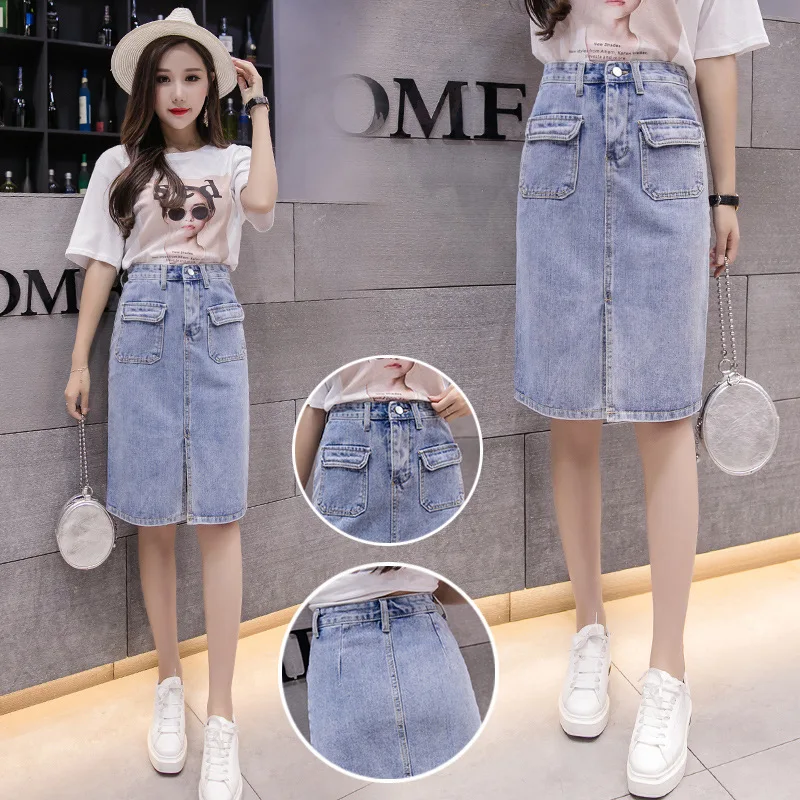 Summer Woman casual Time Jeans Skirt Long High Waist Pocket Solid Colour Skirts | Женская одежда