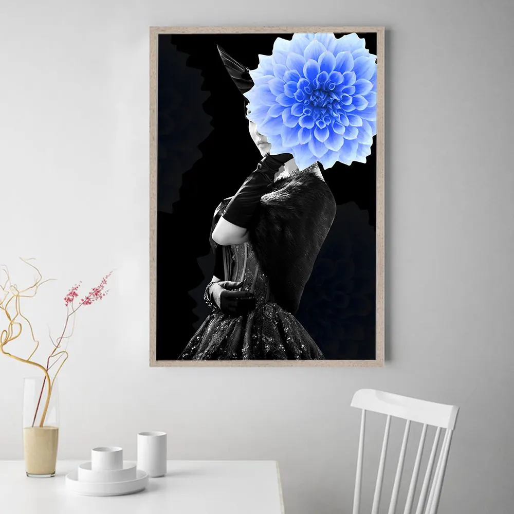 

Beauty Woman with Blue Flower Canvas Poster Nordic Print Ocean Modern Painting Decoration Picture for Living Room Decor Unframed