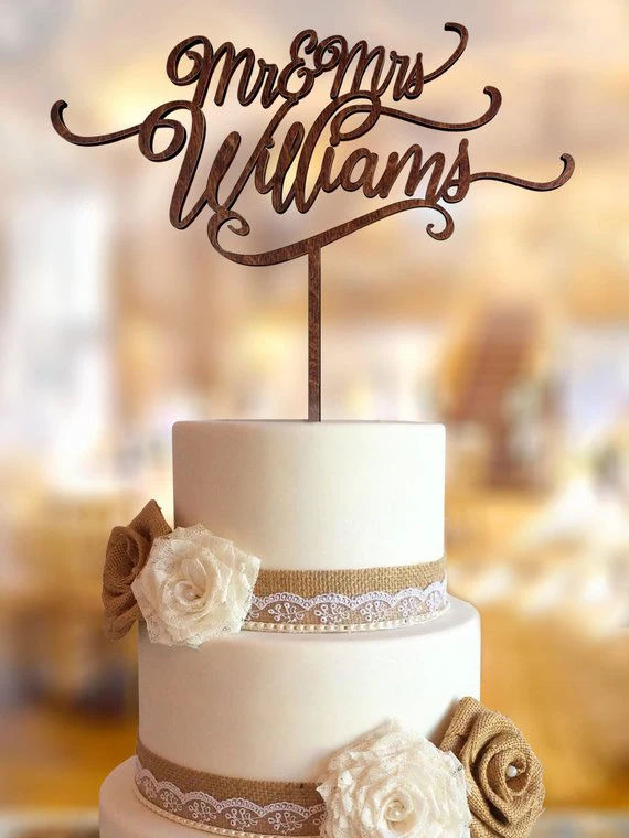 

Wooden Wedding Cake Topper With Personalized Surname.Custom Rustic Mr Mrs Last name Wedding Cake Topper,Bride Shower Cake Topper
