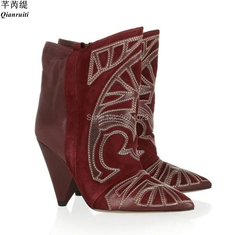 

Qianruiti Winter Ankle Boots Women Embroidered Booties Spike Heels Slip On Patchwork Boots Western Shoes Women