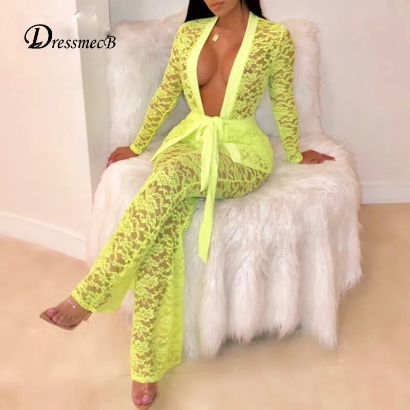 DRESSMECB сексуальные комбинезоны для женщин 2019 Сексуальное Кружевное боди с