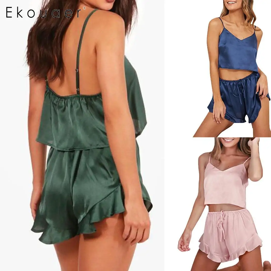 Ekouaer летние шорты пижамы наборы женские атласные Cami Топ Спагетти ремень