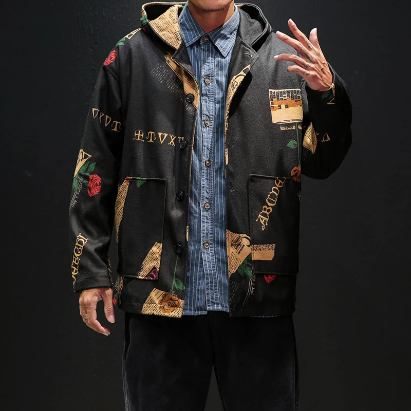 

2020 Autumn and winter Tide Student Campus Even Hat Loose jacket Harbor wind patchwork printing Hip-hop Men's wear coat