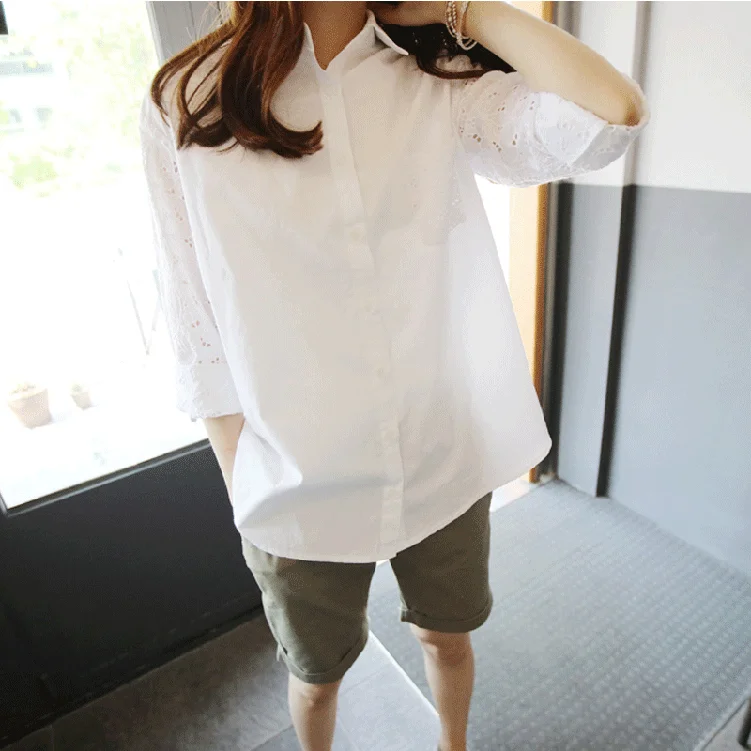 

New Cute Women Shirts Batwing Loose Full Sleeve Hollow Out Embroidered Blouse Shirt White 511