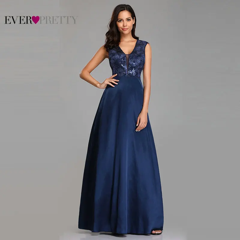 

Prom Dresses Long 2020 Ever Pretty EZ07731NB New Navy Blue A-line Lace Appliques Sequined Wedding Guest Gowns Vestido De Gala