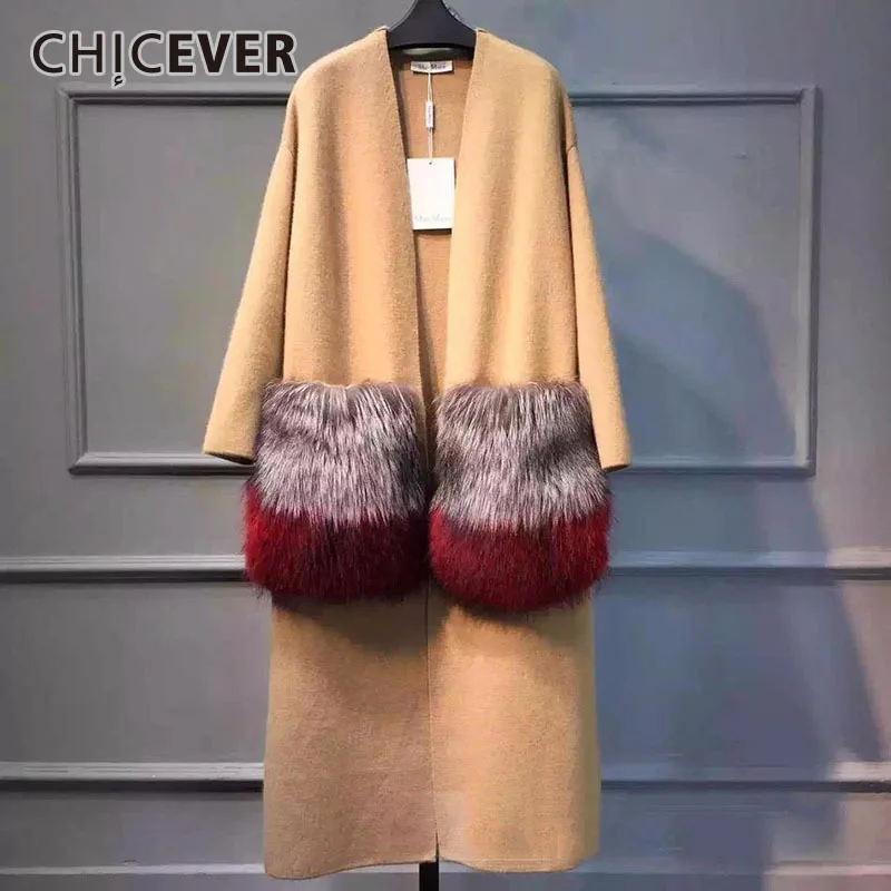 CHICEVER 2020 зимние женские вязаные длинные пальто с большим меховым карманом Женские