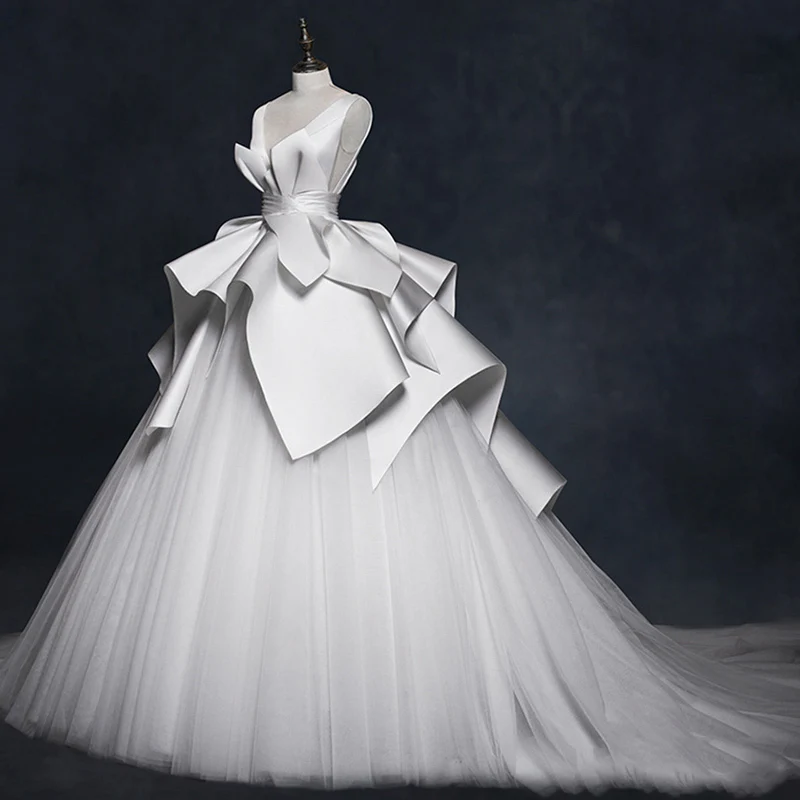 Vivian's Bridal Retro Satin Ruffle Princess Fantasy Wedding Dress Illusion Mesh Lce-up Backless Customized Ball Gown | Свадьбы и