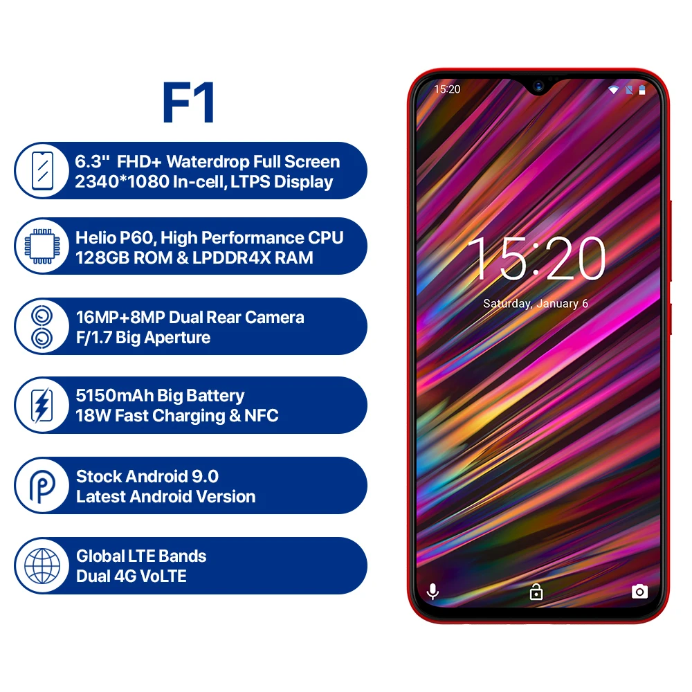 UMIDIGI F1 6 3 &quotводонепроницаемая капля FHD + дисплей Helio P60 Android 9 0 4 Гб оперативной