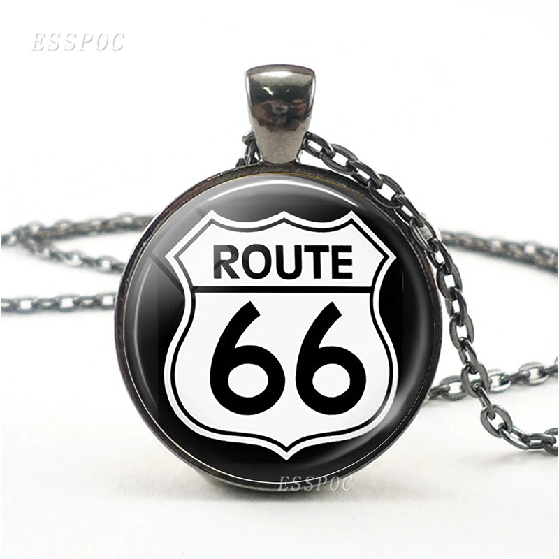 Route 66 дорожный знак черное ожерелье модный подвесной стеклянный купол Кабошон