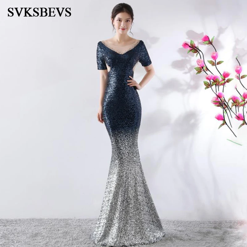 

SVKSBEVS Luxury Crystal O Neck 2019 Sequined Mermaid Long Dresses Elegant Party Short Sleeve Illusion Backless Maxi Dress