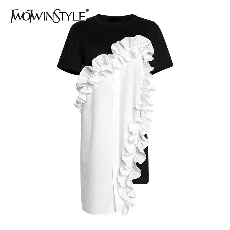 Женское платье с круглым вырезом TWOTWINSTYLE асимметричное коротким рукавом и