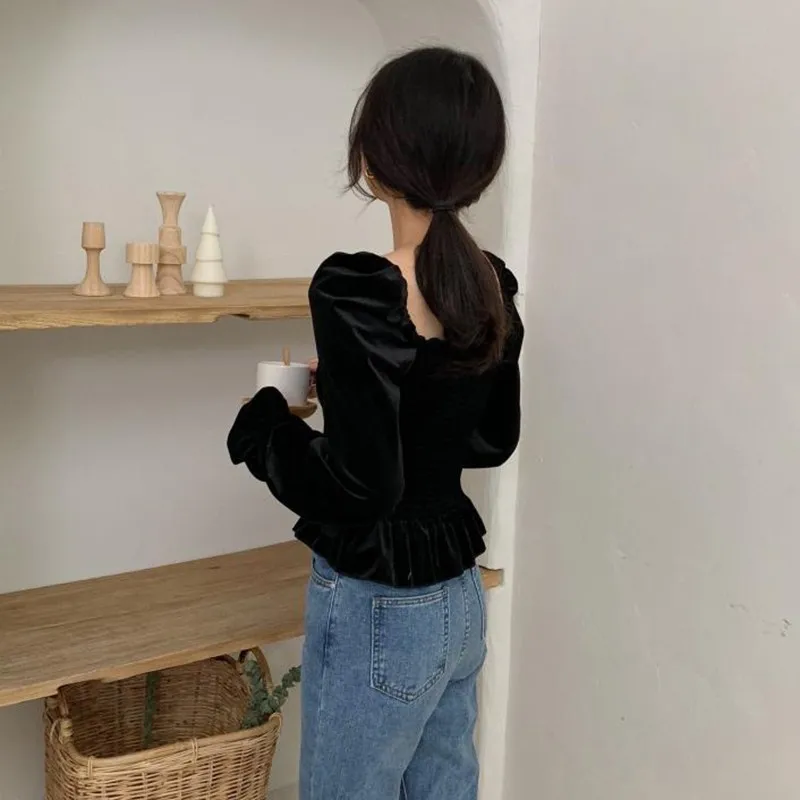 VGH Spring Sexy Lantern Sleeve Short Women Shirt Square Collar Backless Slim Hem 2019 Women's Shirts Fashion New Korean |