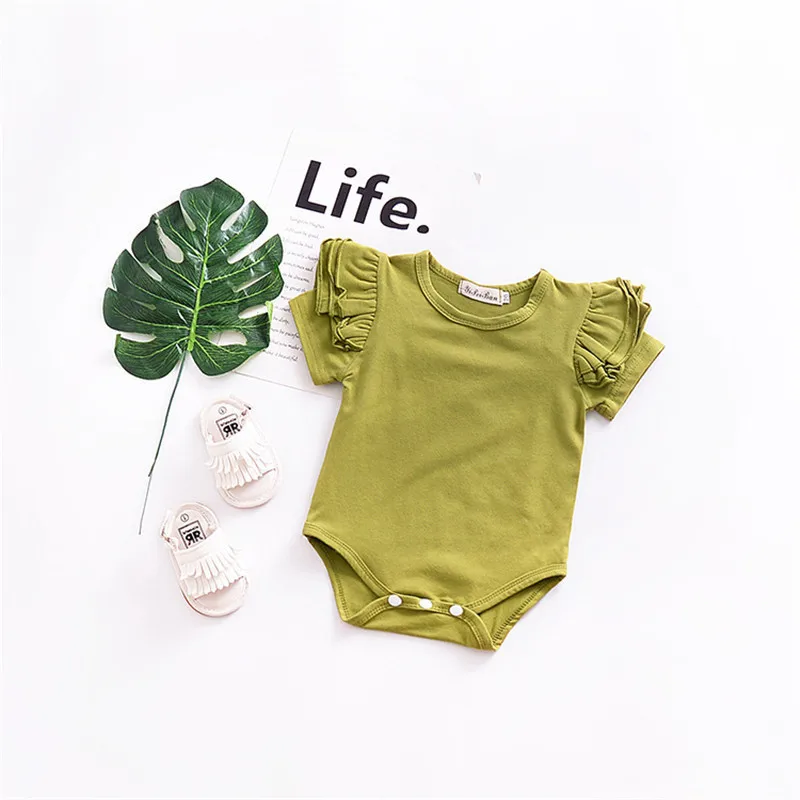 Kids Baby Girl Solid Candy Color Small Flying Sleeve Short-sleeved Triangle Romper Button Jumpsuit 0-24m |